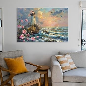 Amazon.co.jp: 絵画 灯台の海の眺めインテリア 絵画 油絵